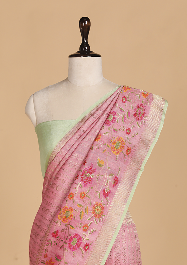 Gajar Pink Brocade Saree in Georgette Tussar