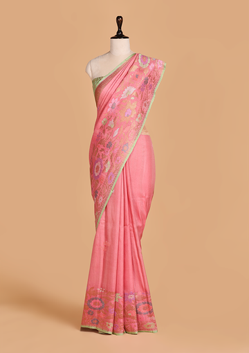 Coral Pink Butta Saree in Georgette Tussar