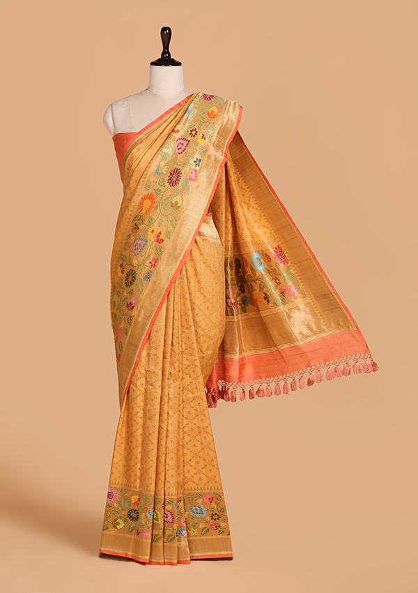 Mustard Yellow Jaal Saree in Georgette Tussar