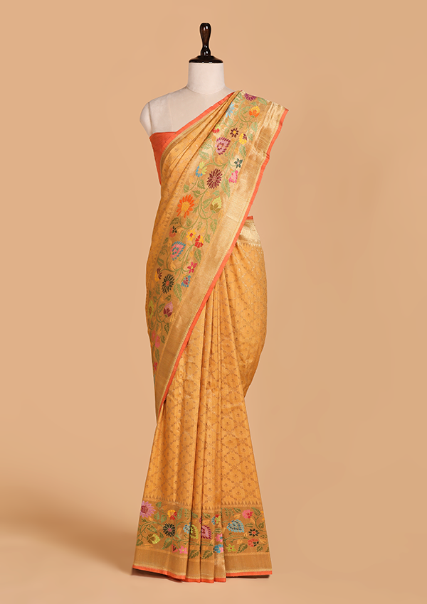 Mustard Yellow Jaal Saree in Georgette Tussar