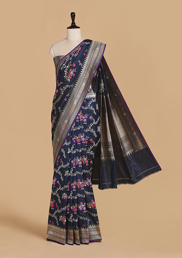 Navy Blue Jaal Saree in Silk