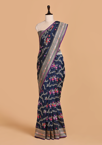 Navy Blue Jaal Saree in Silk