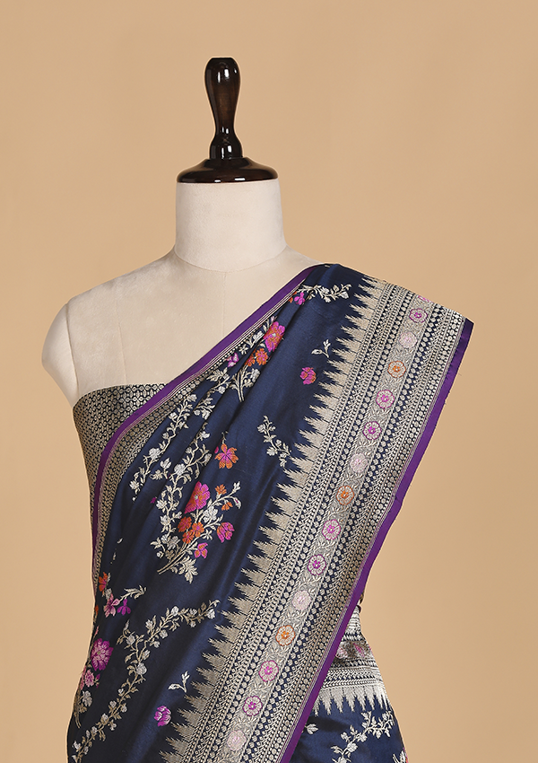 Navy Blue Jaal Saree in Silk