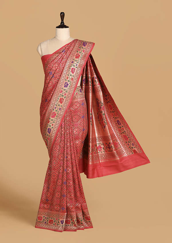 Peach Patola Saree In Georgette Tussar