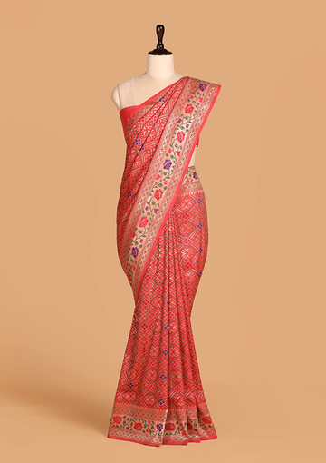 Peach Patola Saree In Georgette Tussar