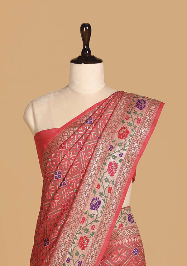 Peach Patola Saree In Georgette Tussar