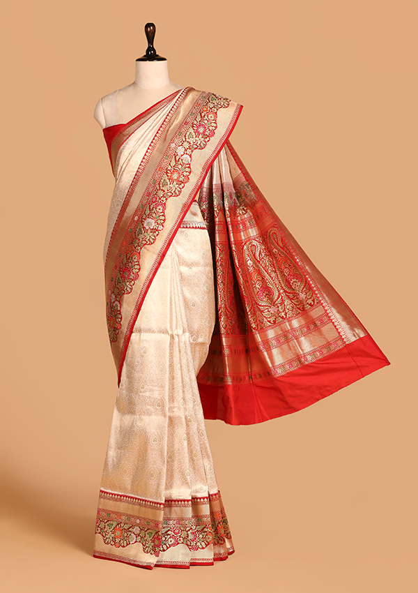 Off White Brocade Saree In Silk