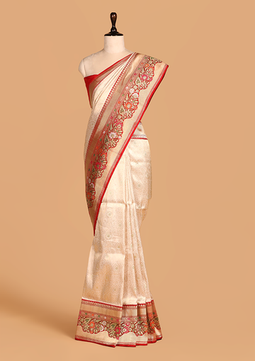 Off White Brocade Saree In Silk