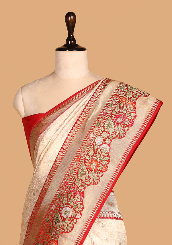 Off White Brocade Saree In Silk