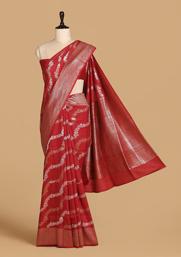 Rust Lehariya Saree In Georgette Tussar