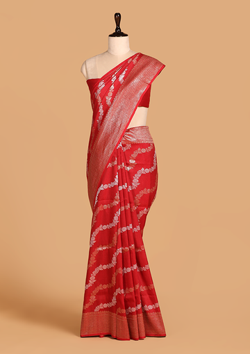 Rust Lehariya Saree In Georgette Tussar