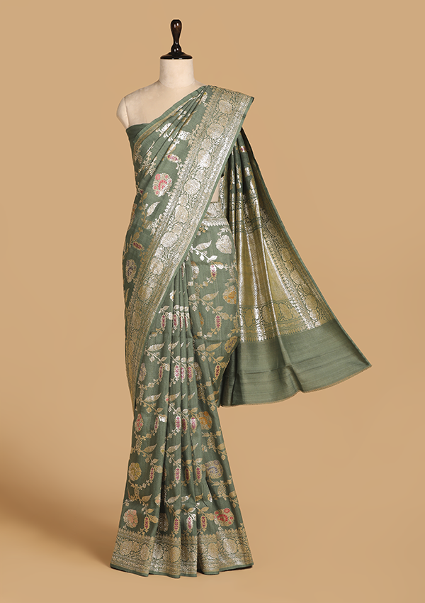 Green Jaal Saree In Georgette Tussar
