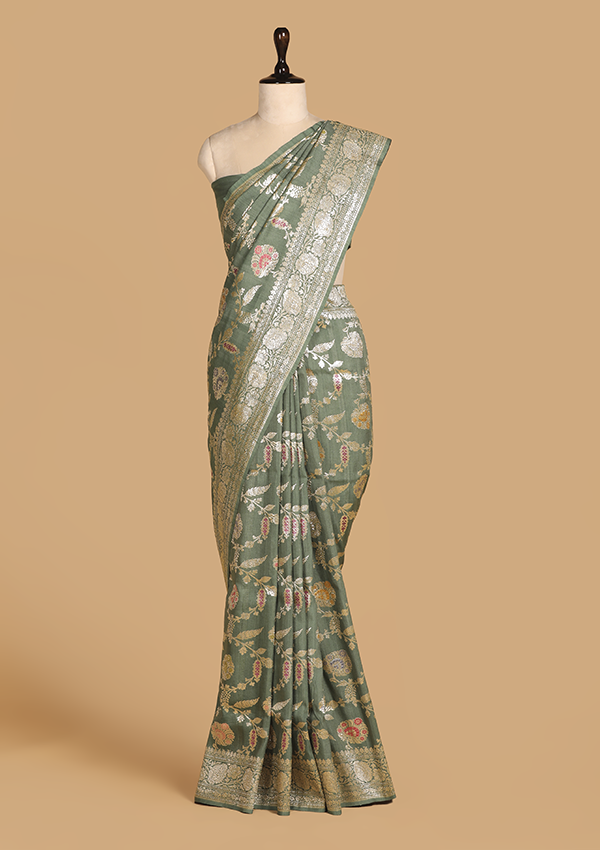 Green Jaal Saree In Georgette Tussar