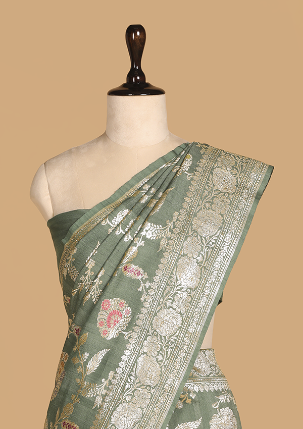 Green Jaal Saree In Georgette Tussar