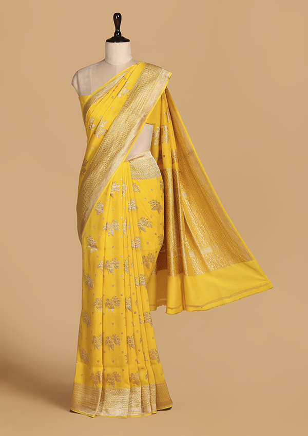 Yellow Butta Saree In Muslin Silk