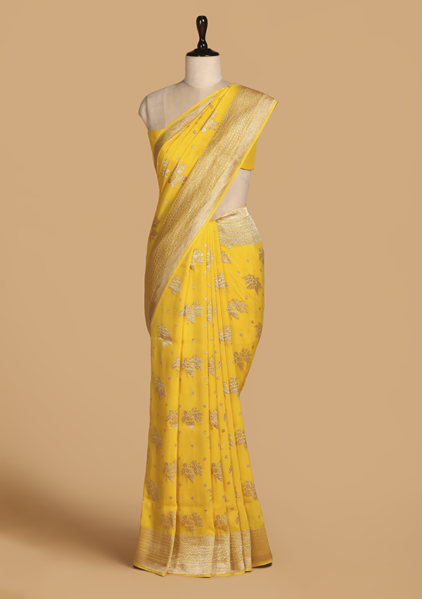 Yellow Butta Saree In Muslin Silk