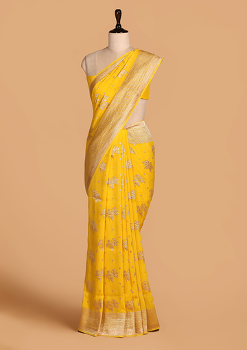 Yellow Butta Saree In Muslin Silk