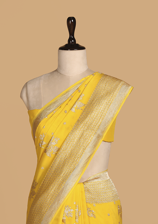 Yellow Butta Saree In Muslin Silk