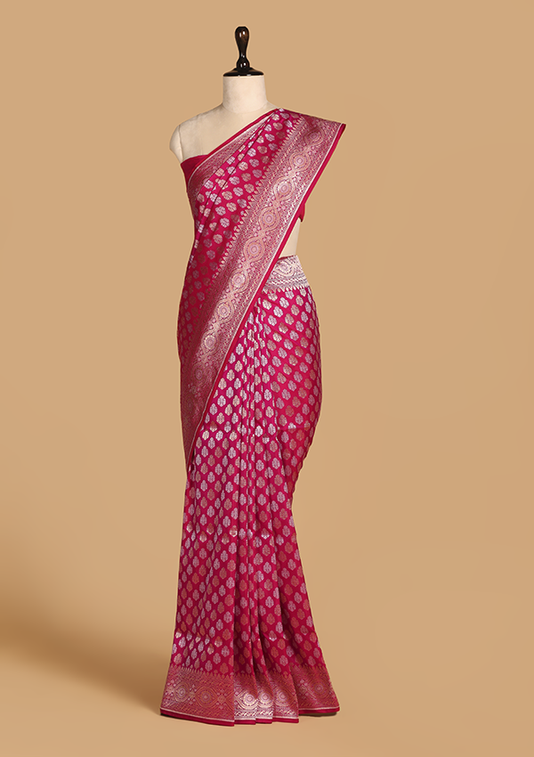 Rani Pink Butti Saree In Silk