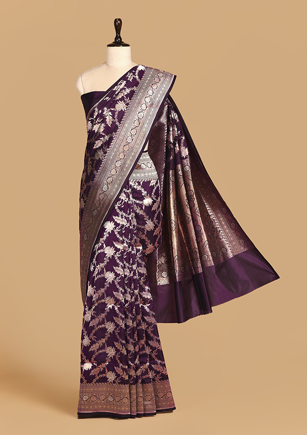Wine Jaal Saree In Silk
