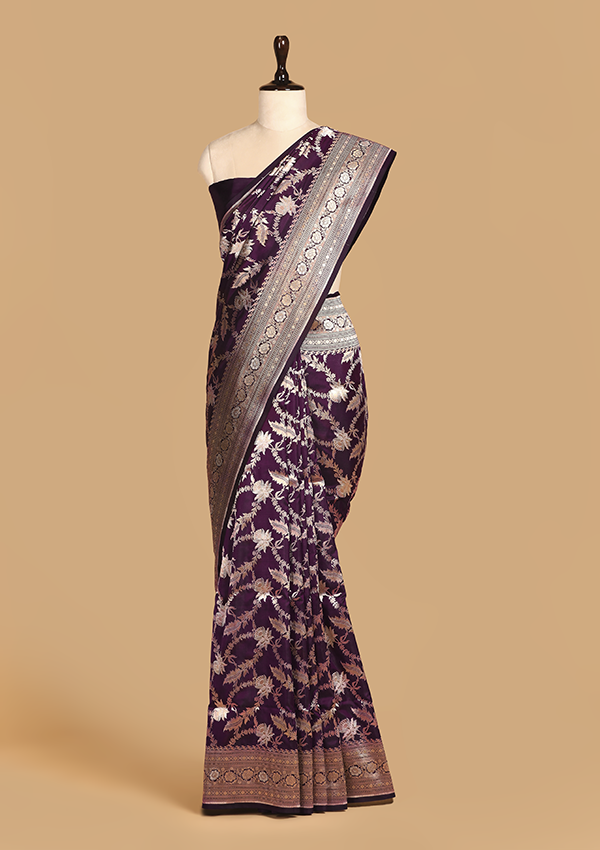 Wine Jaal Saree In Silk