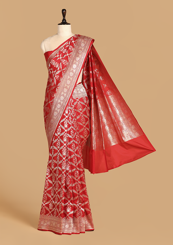 Red Jaal Saree in Silk
