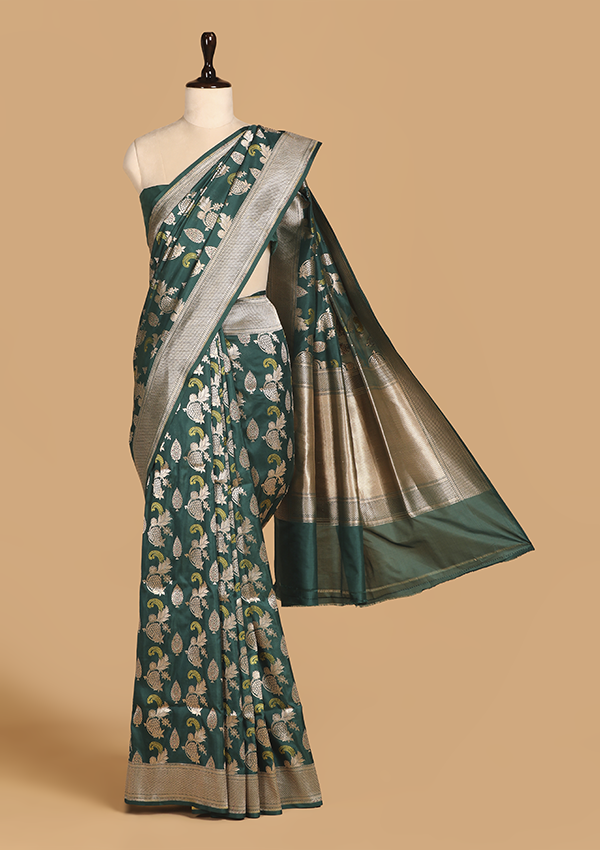 Bottle Green Butta Saree in Silk