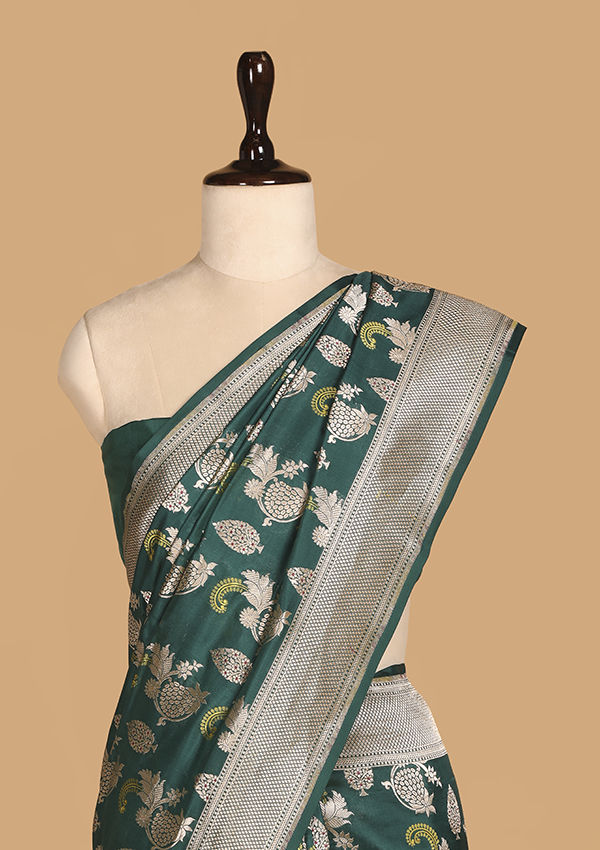 Bottle Green Butta Saree in Silk