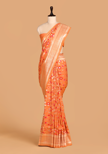 Orange Jaal Saree In Georgette Tussar