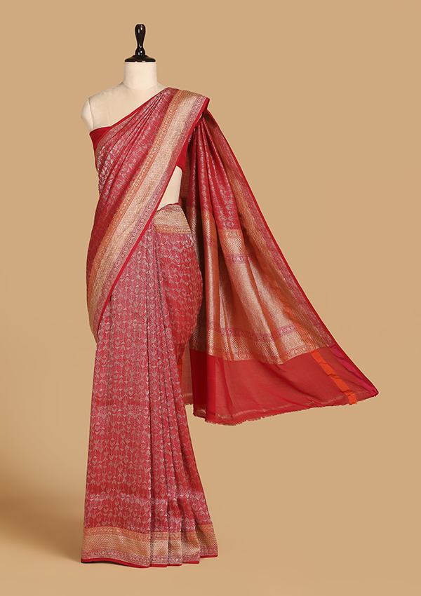 Red Brocade Saree In Georgette