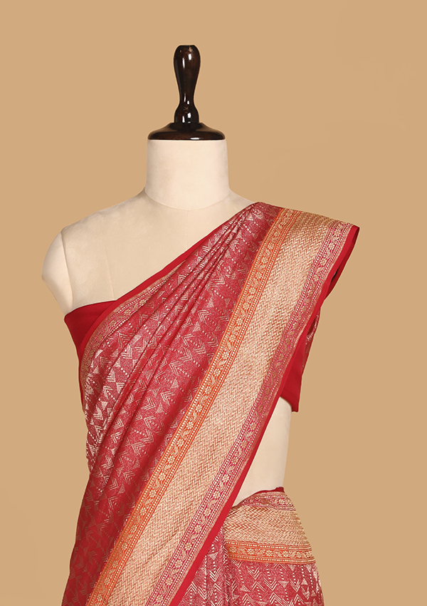 Red Brocade Saree In Georgette