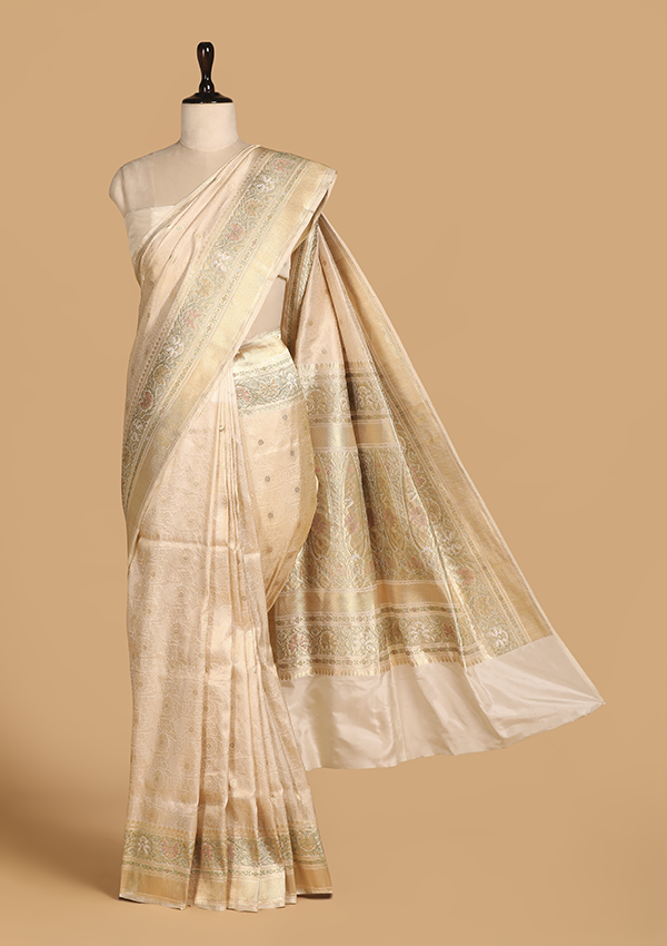 Off White Brocade Saree in Silk