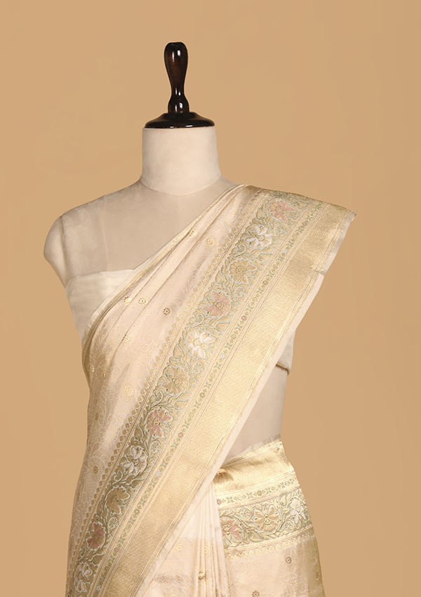 Off White Brocade Saree in Silk