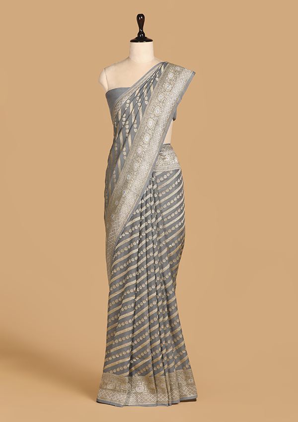 Grey Lehariya Saree in Muslin Silk