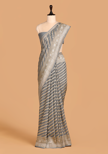 Grey Lehariya Saree in Muslin Silk