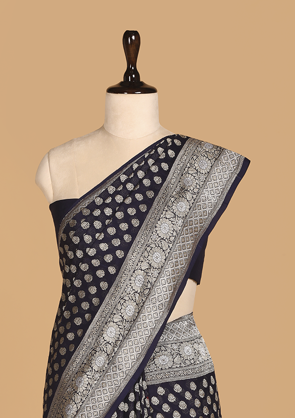 Navy Blue Butti Saree in Georgette