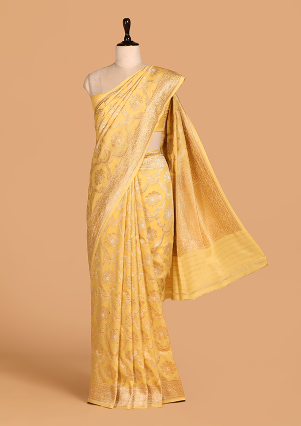 Lemon Yellow Jaal Saree In Muslin Silk