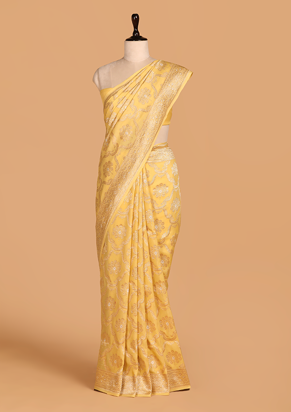 Lemon Yellow Jaal Saree In Muslin Silk