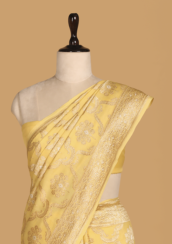 Lemon Yellow Jaal Saree In Muslin Silk