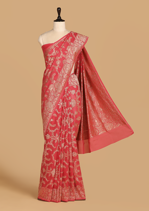 Tomato Red Jaal Saree In Georgette