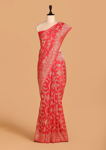 Tomato Red Jaal Saree In Georgette