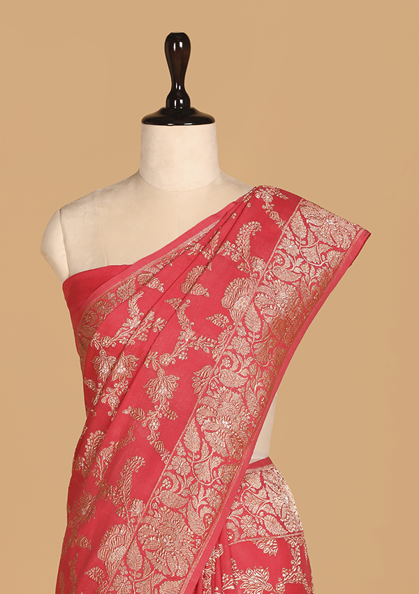 Tomato Red Jaal Saree In Georgette