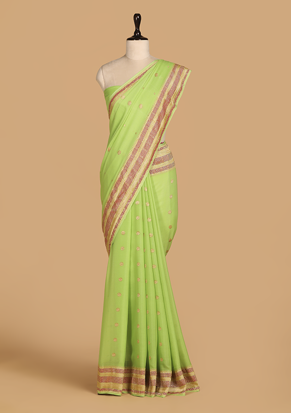 Lime Green Butti Saree in Georgette