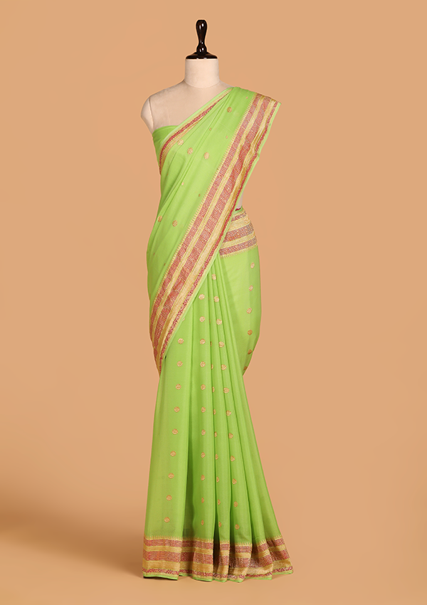 Lime Green Butti Saree in Georgette