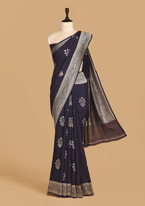 Navy Blue Butta Saree In Georgette