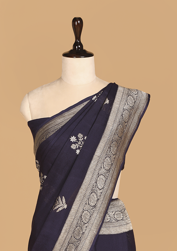 Navy Blue Butta Saree In Georgette