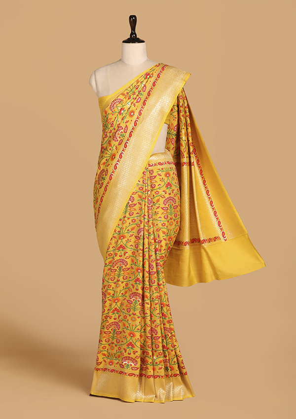 Yellow Jaal Saree In Georgette Tussar