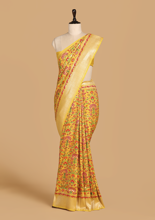Yellow Jaal Saree In Georgette Tussar