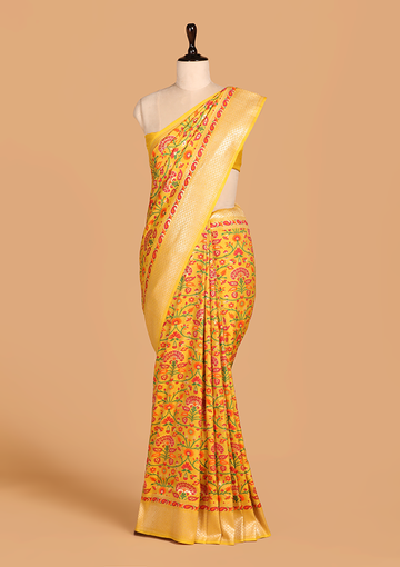 Yellow Jaal Saree In Georgette Tussar