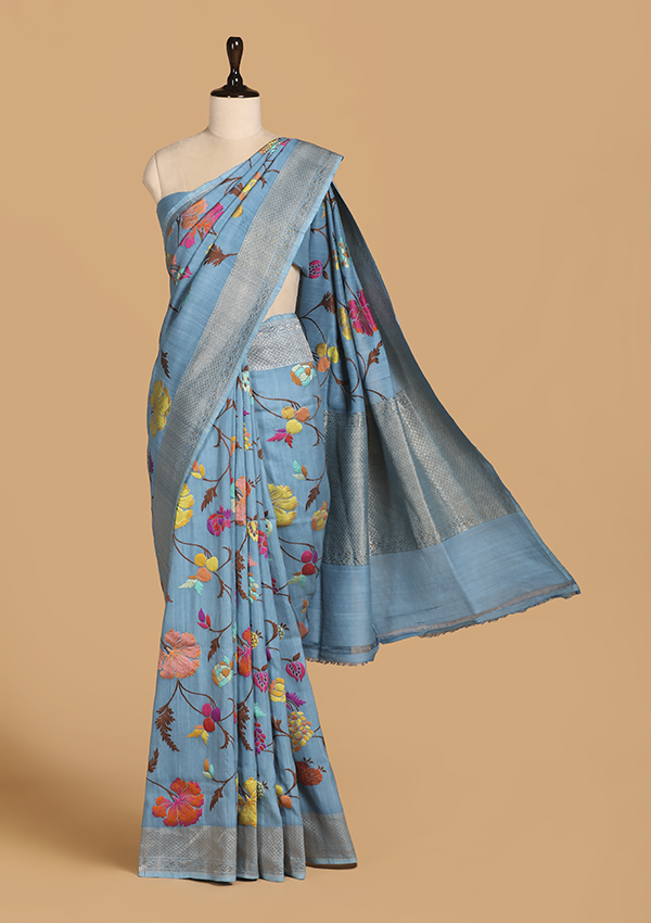 Sky Blue Jaal Saree In Georgette Tussar